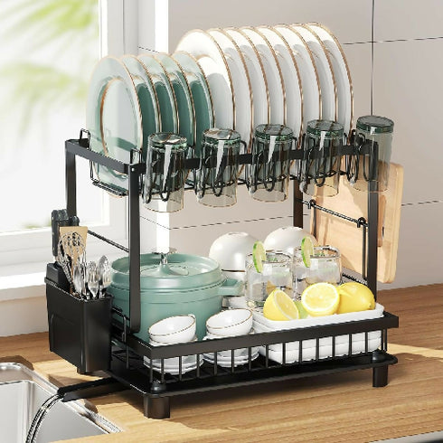 Dish Drainer 2 Tier Black with Drip Tray